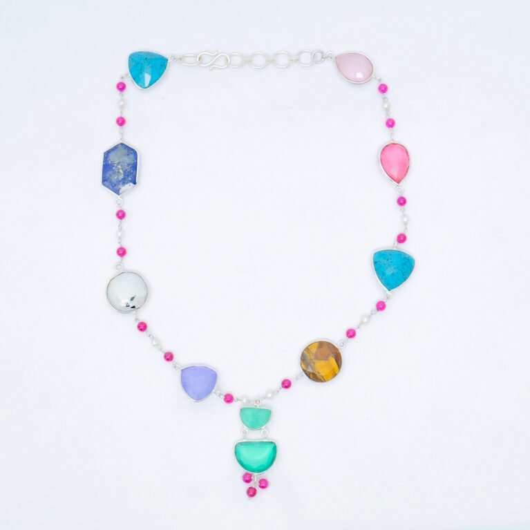 Multi stone Silver necklace : Colourful Boho jewelry