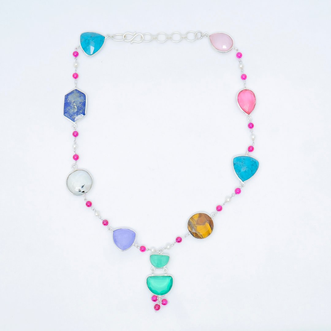 Multi stone Silver necklace : Colourful Boho jewelry