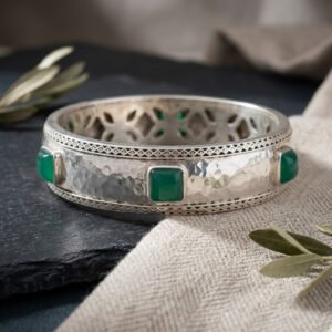 Green Onyx Bangle : 92 sterling silver jewelry , hammered design