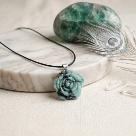 Carved Emerald gemstone necklace , flower design pendant