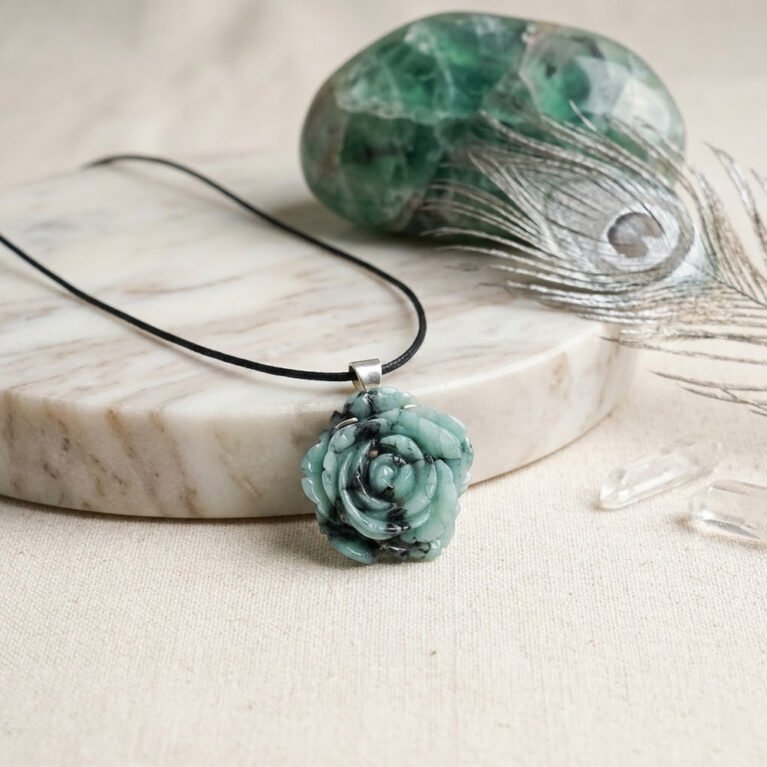 Carved Emerald gemstone necklace , flower design pendant
