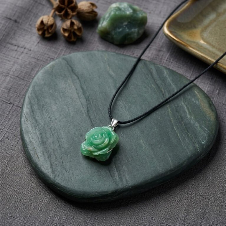 Green Aventurine hand carved Rose Shape Necklaces : handmade silver jewelry