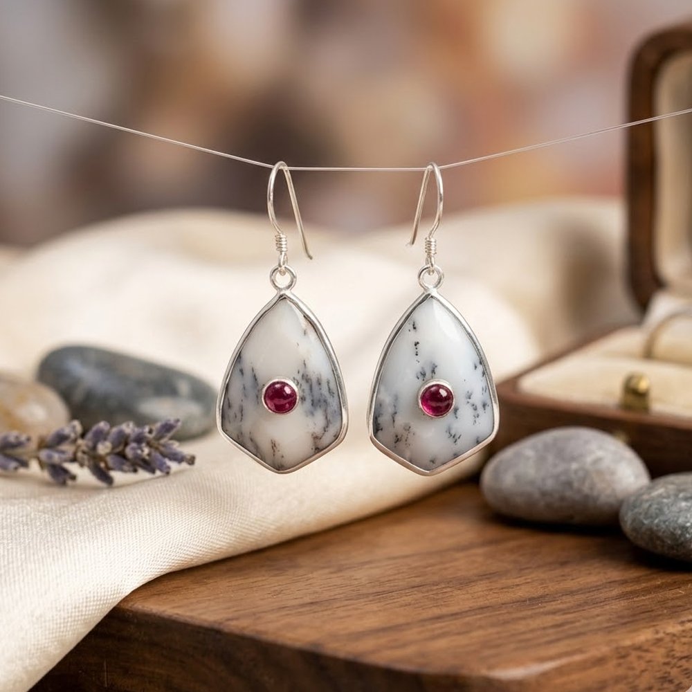 Dendrite Opal With Ruby Handmade 925 Sterling Silver Earring .