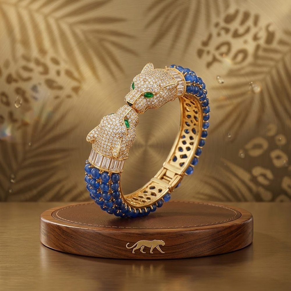 Lapis Lazuli Tiger head bangle : 925 sterling silver gold plated jewelry
