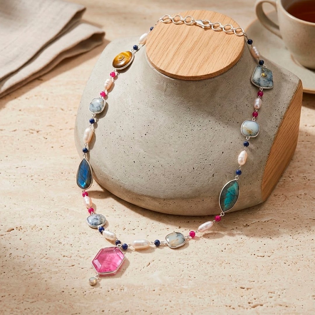 Bohemian necklace : Multi stone jewelry , 925 sterling silver jewelry