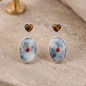 Dendrite Opal with Tiger Eye and Ruby Earrings