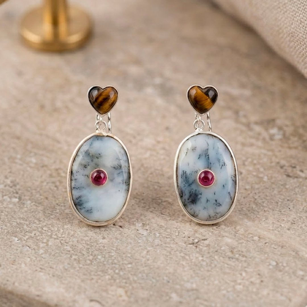Dendrite Opal with Tiger Eye and Ruby Earrings