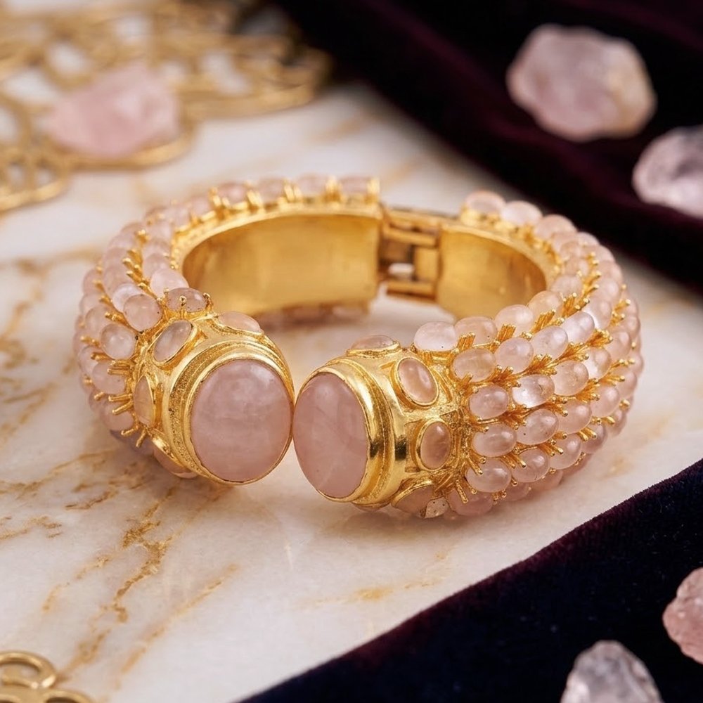 Rose Quartz Handmade Gold Plated 925 Silver Bangle .