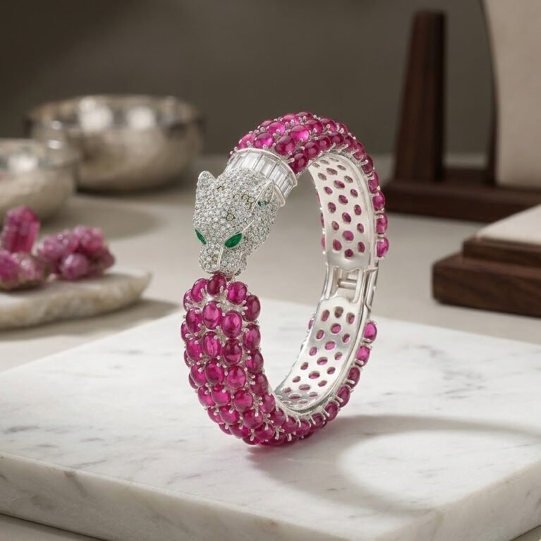 Pink Tourmaline Handmade 925 Sterling Silver Bangle .