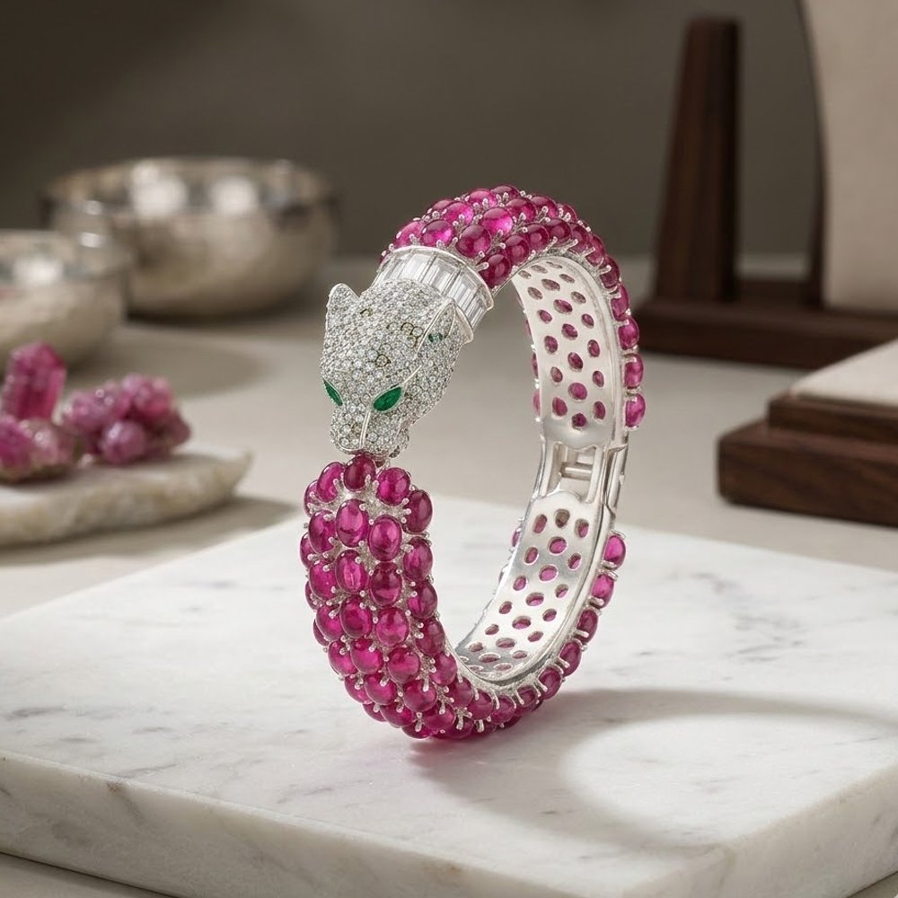 Pink Tourmaline Handmade 925 Sterling Silver Bangle .