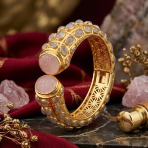 Rose Quartz Handmade 925 Sterling Gold Plated Bangle .