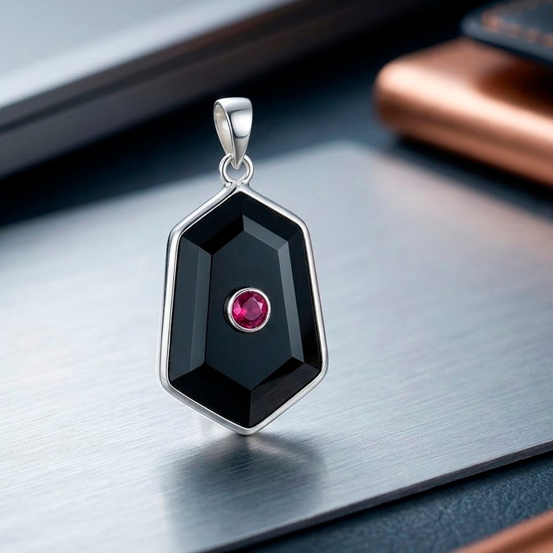 Elegant Black Onyx and Ruby geometric pendant