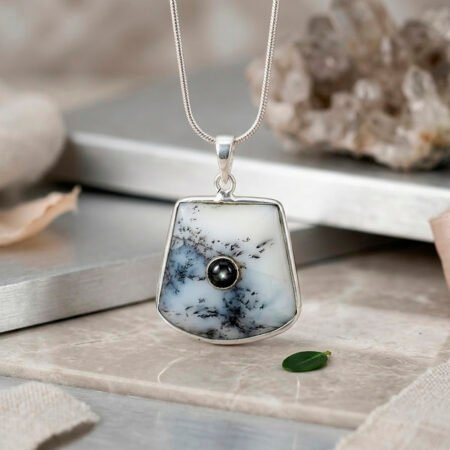 Dendrite Opal with Black Onyx Pendant , handmade silver jewelry
