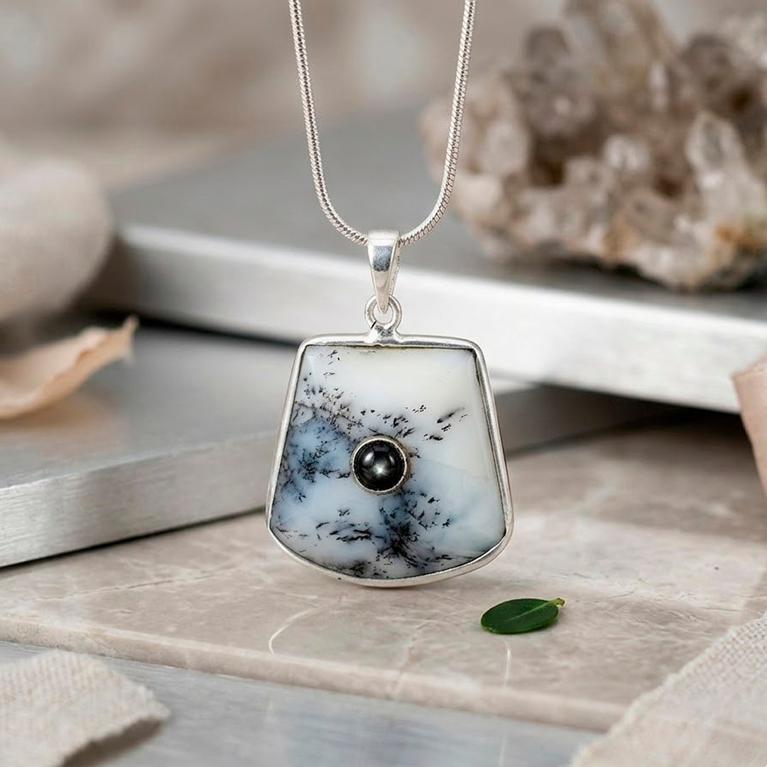 Dendrite Opal with Black Onyx Pendant , handmade silver jewelry