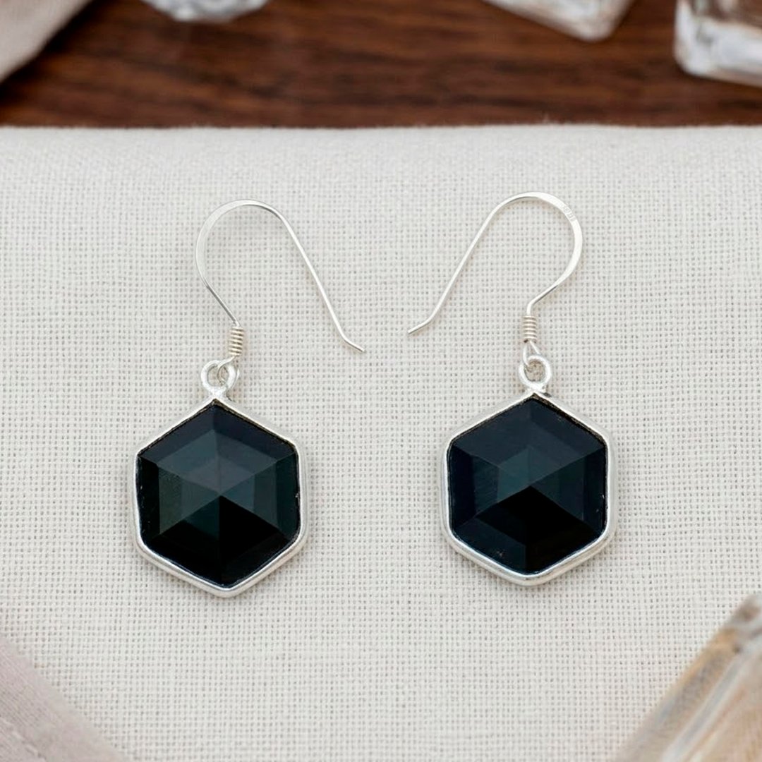 Black Onyx Vintage Earrings , 925 sterling silver