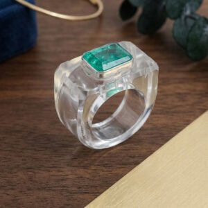 Crystal Quartz With Emerald 925 Sterling Silver Ring .