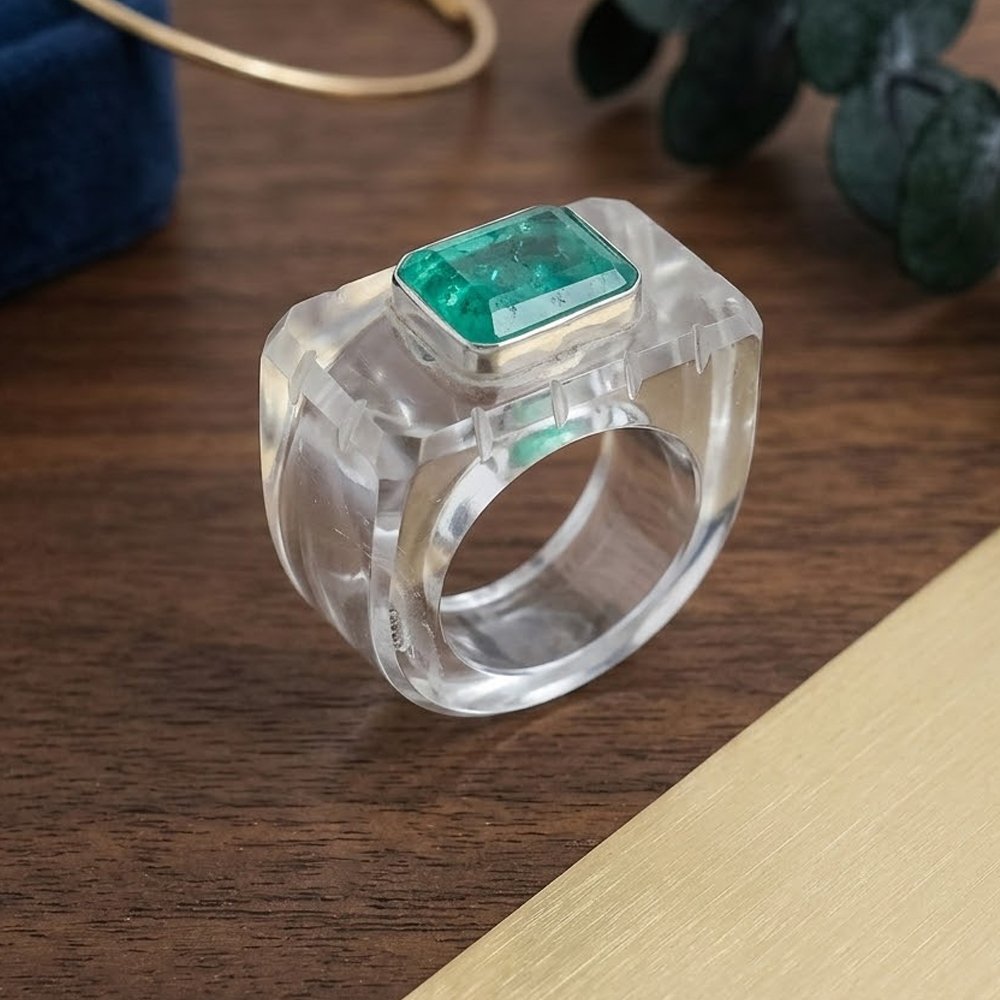 Crystal Quartz With Emerald 925 Sterling Silver Ring .