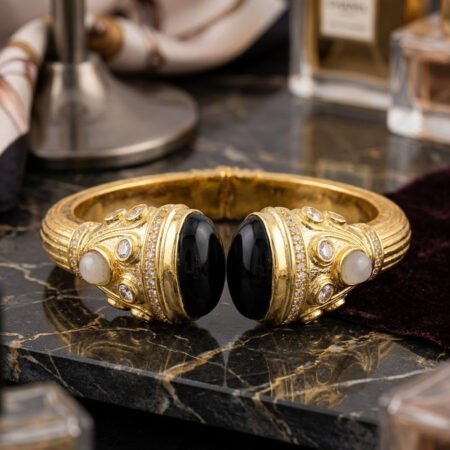 Black Onyx Gold plated bangle : silver boo jewelry , vintage jewelry