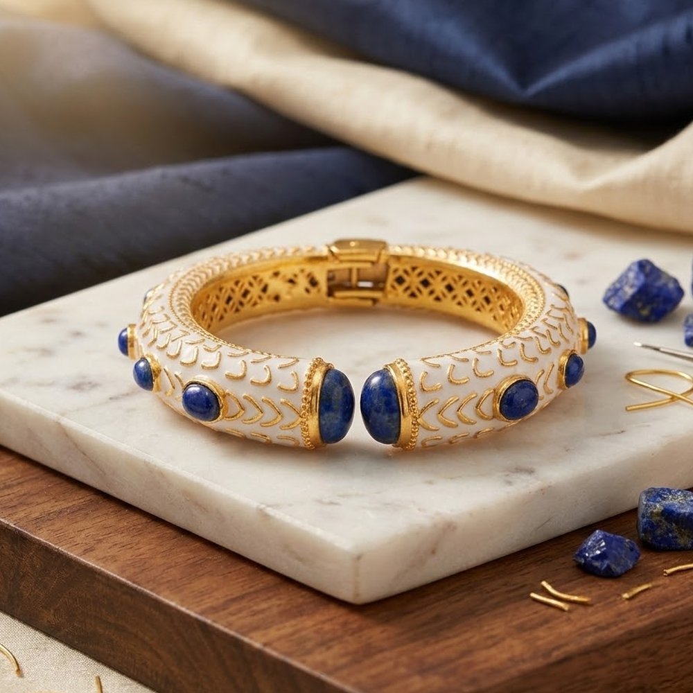 Lapis Lazuli white enamel Bangle : handmade gold plated jewelry , ethnic jewelry