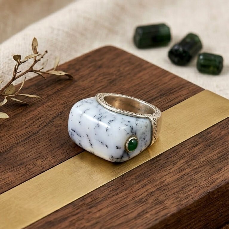 Dendrite Opal With Green Onyx Handmade 925 Sterling Silver Ring .