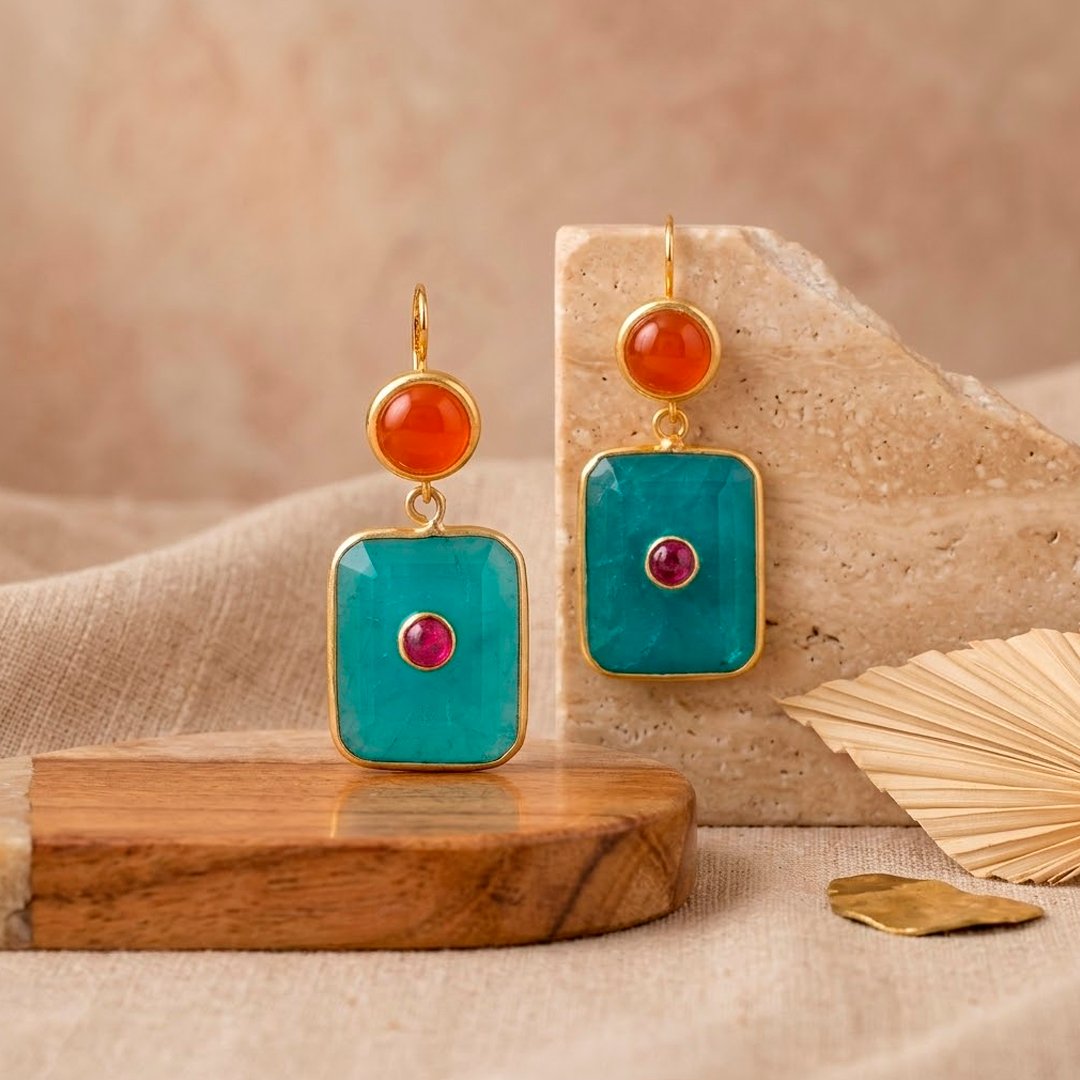 Paraiba Tourmaline with orange onyx and Ruby Earrings , sterling silver jewellery
