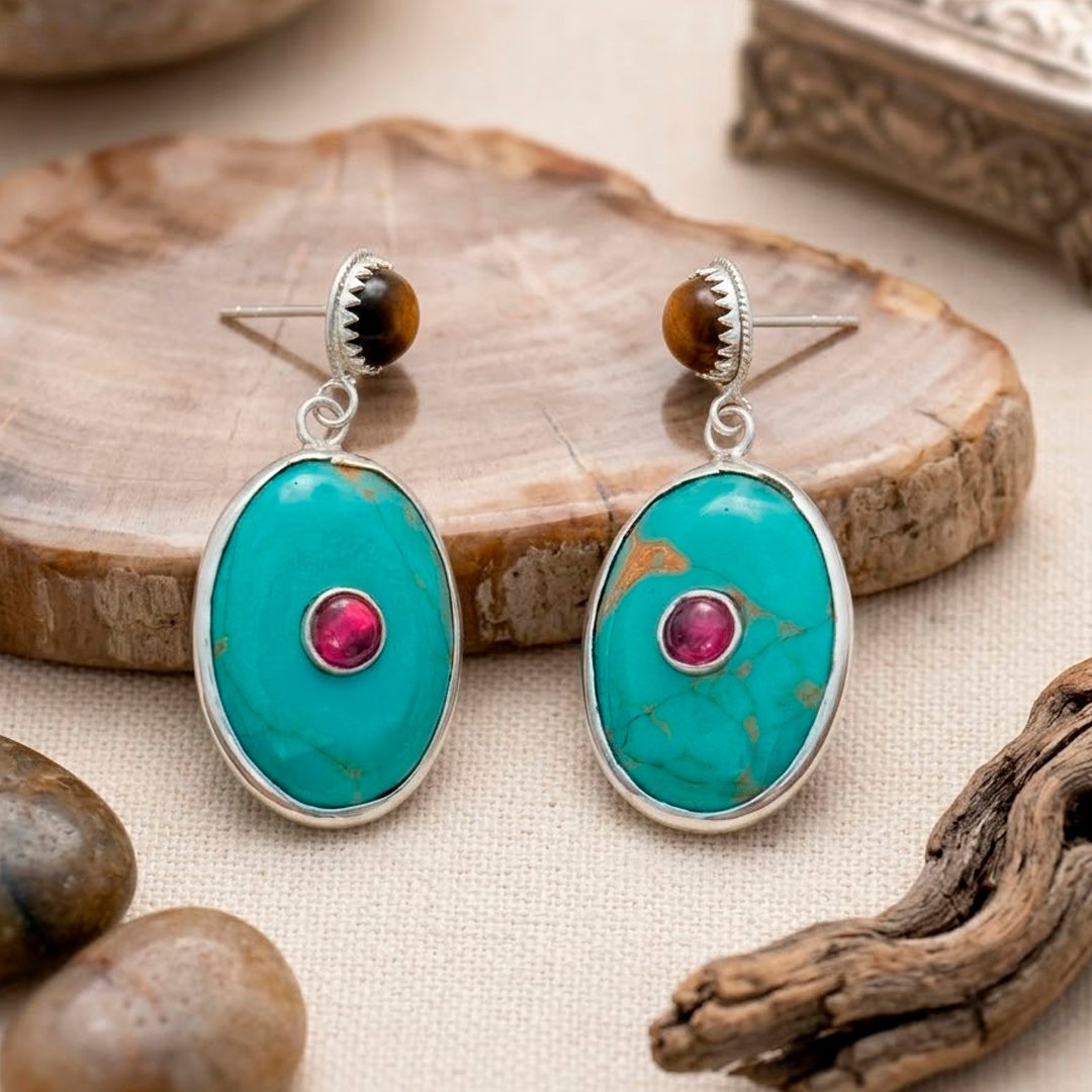 Turquoise with tiger eye and Ruby Earrings