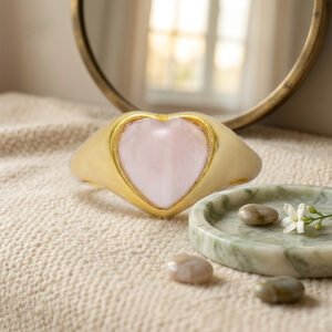 Heart-shaped rose quartz Gold Plated 925 Silver gemstone ring .