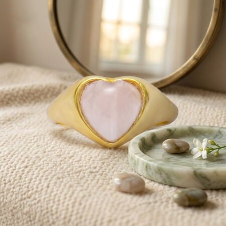 Heart-shaped rose quartz Gold Plated 925 Silver gemstone ring .