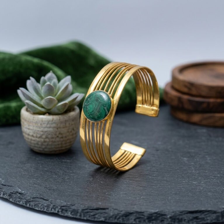 Green Aventurine Handmade Gold Plated 925 Silver Bangle .
