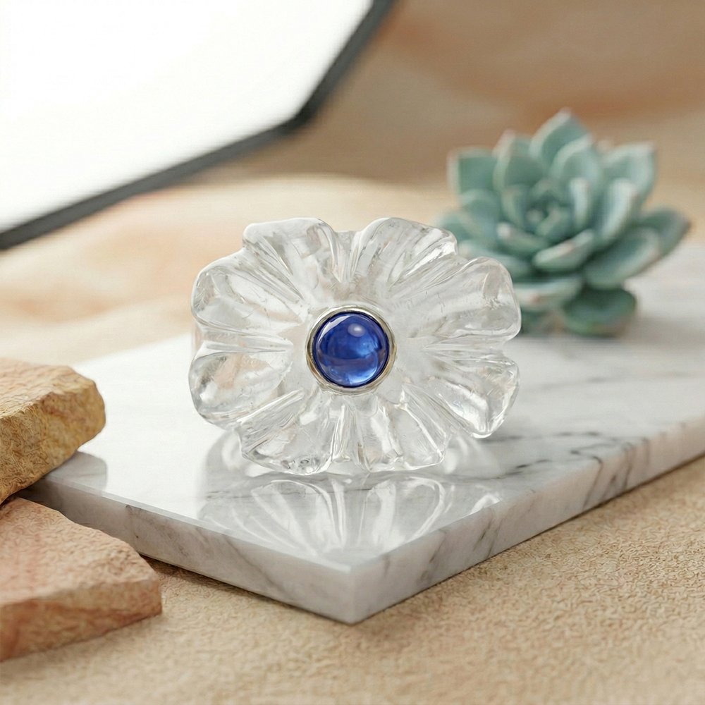 Crystal Quartz Hand Carved Gold Plated 925 Silver Ring .