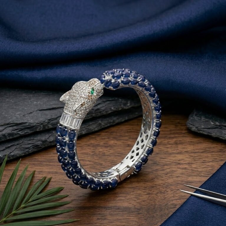 Blue Sapphire Handmade 925 Sterling Silver Bangle .