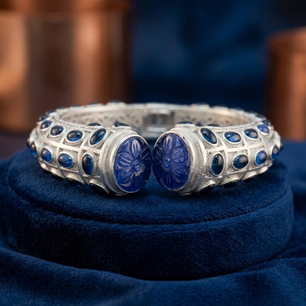 Blue Sapphire Silver Bangle – Elegant Adjustable Gemstone Bracelet