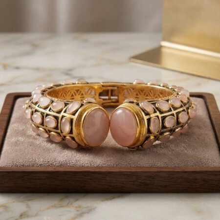 Rose Quartz Gold Plated Black Enamel Bangle Elegant Healing Bangles