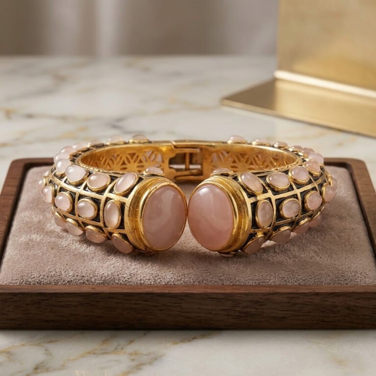 Rose Quartz Gold Plated Black Enamel Bangle Elegant Healing Bangles