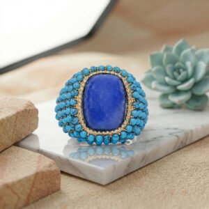 Turquoise With Lapis Lazuli Handmade 925 Sterling Silver Gold Plated Ring .